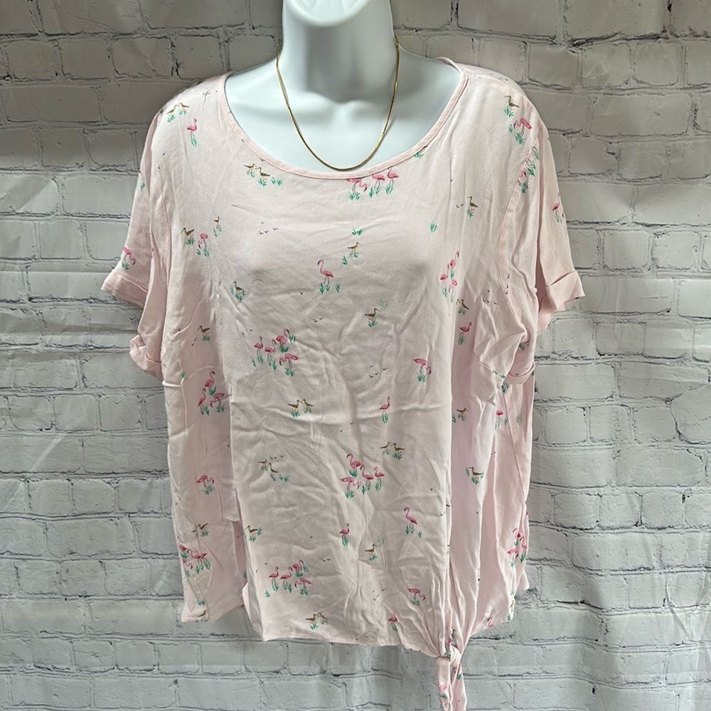 LC Lauren Conrad Bird Flamingo Blouse | Pink Short Sleeve Top Women’s 1X